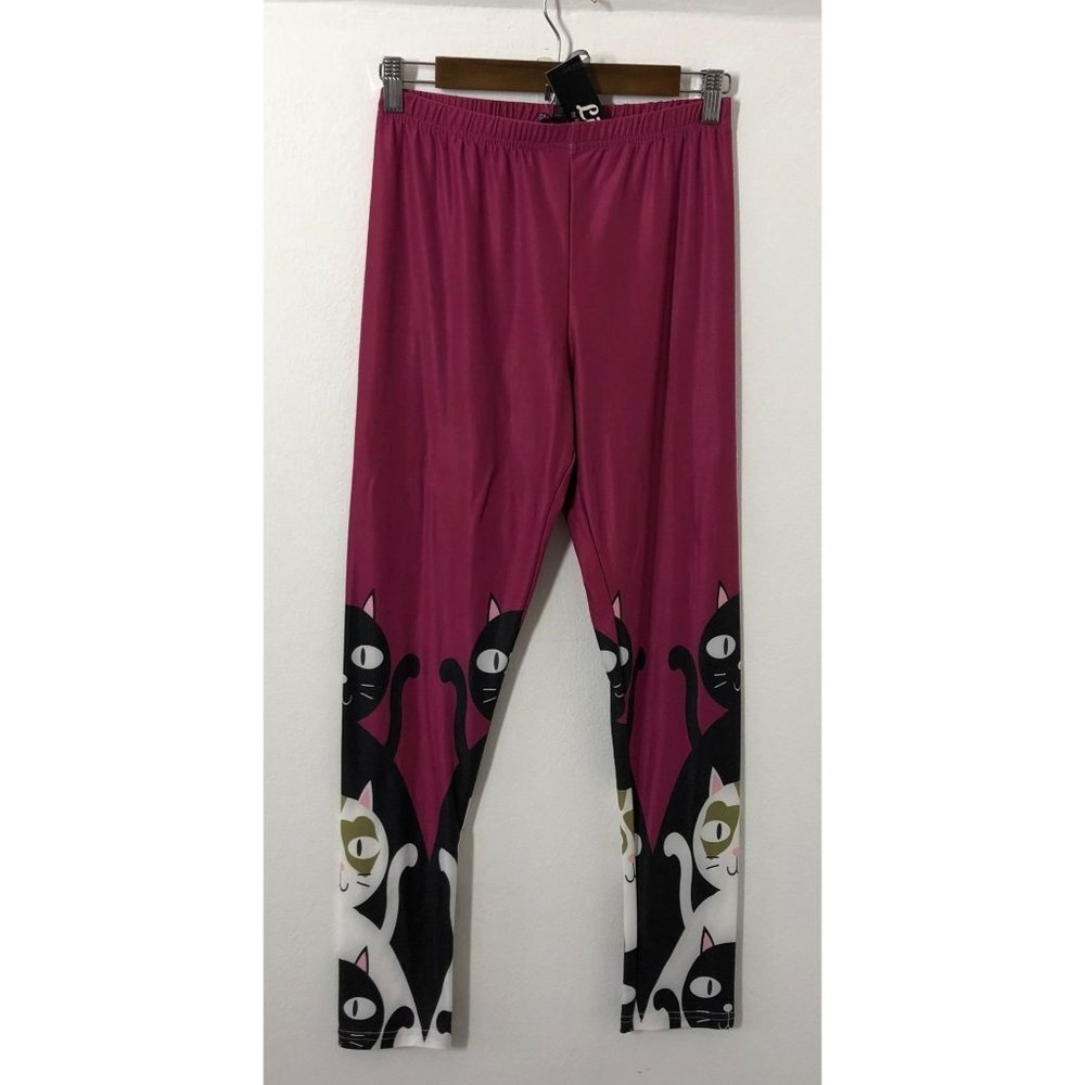 Lily By Firmiana Leggings Women Medium Pink Cat Lover Cat Graphic Print NWT